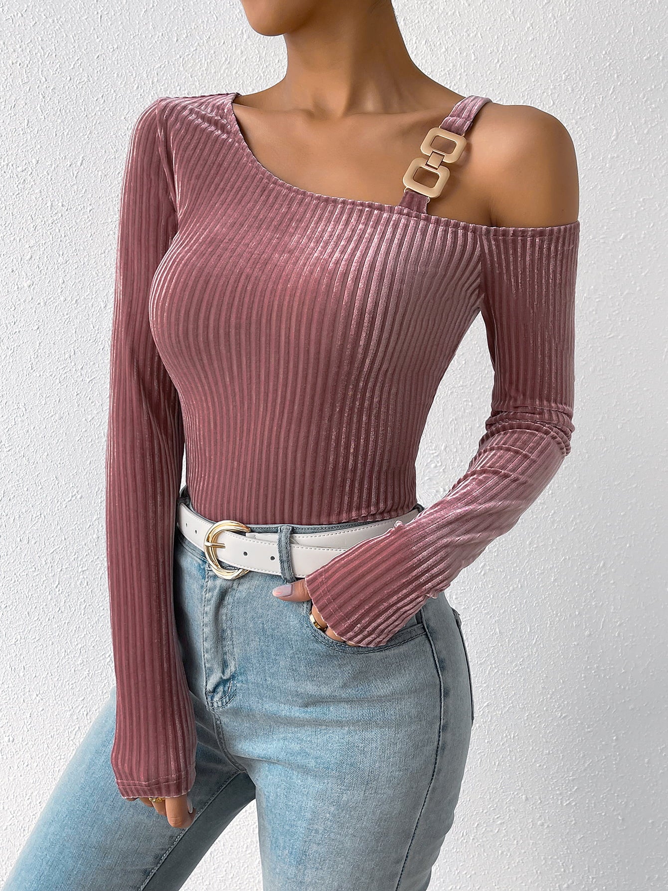 Ribbed Long Sleeve Asymmetrical Blouse