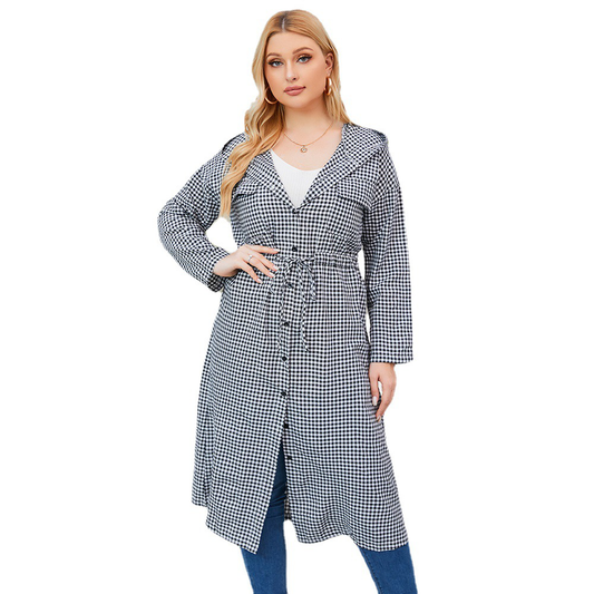 Plus Size Plaid Belted Hooded Long Coat Kiwidrop