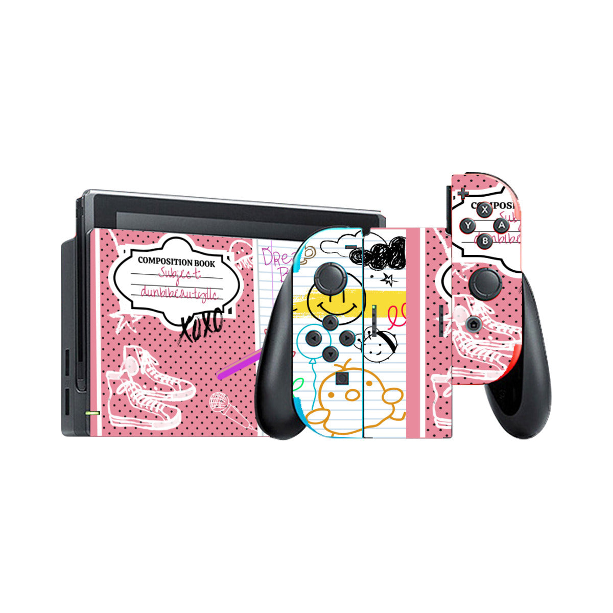 Nintendo Switch Game Console Stickers ｜PVC - Back to School, Composition Notebook Style, Doodles, Scribbles, Writing, Girl, Pink (Designed by Dunbi)