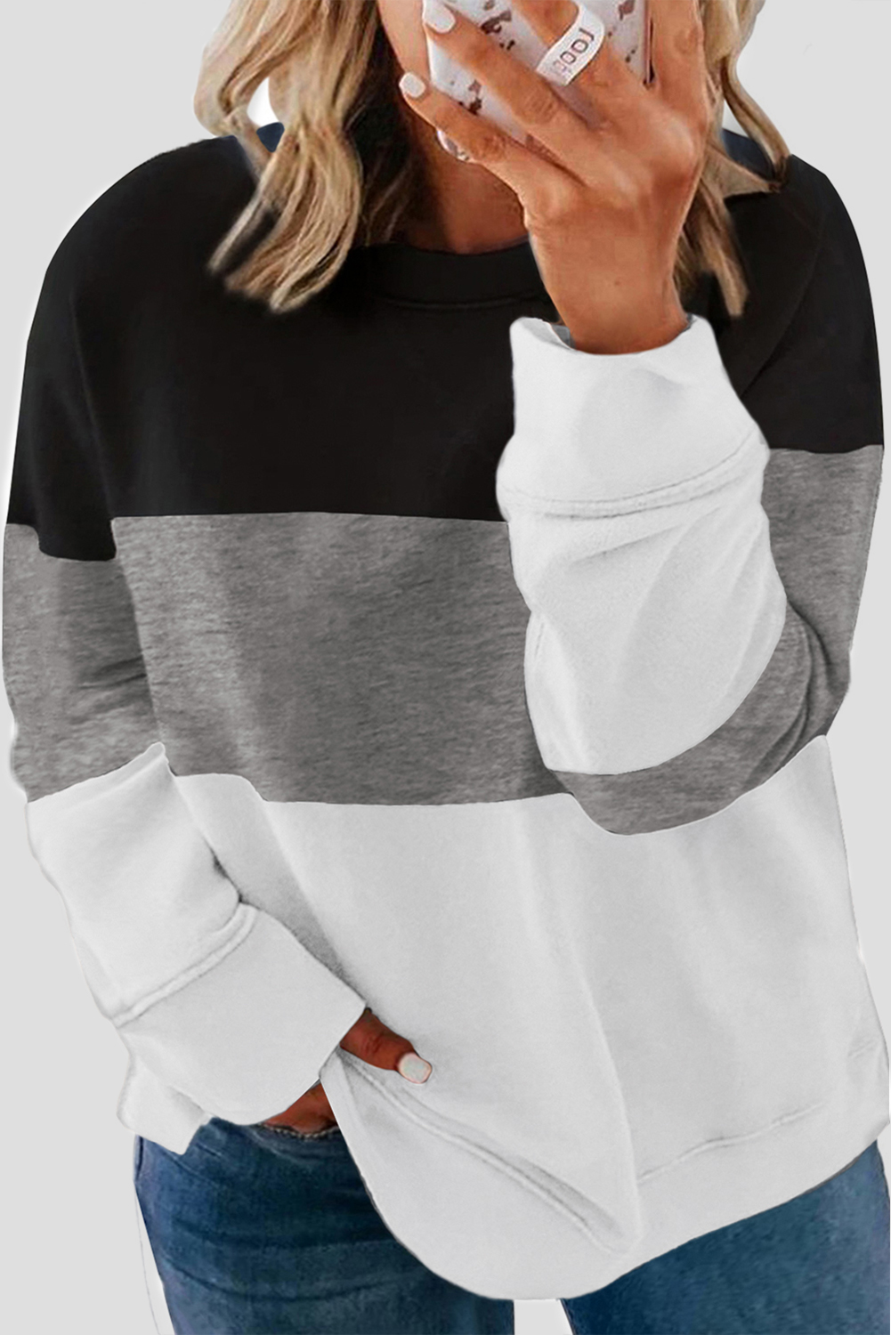 White Crew Neck Colorblock Plus Size Sweashirt Kiwidrop