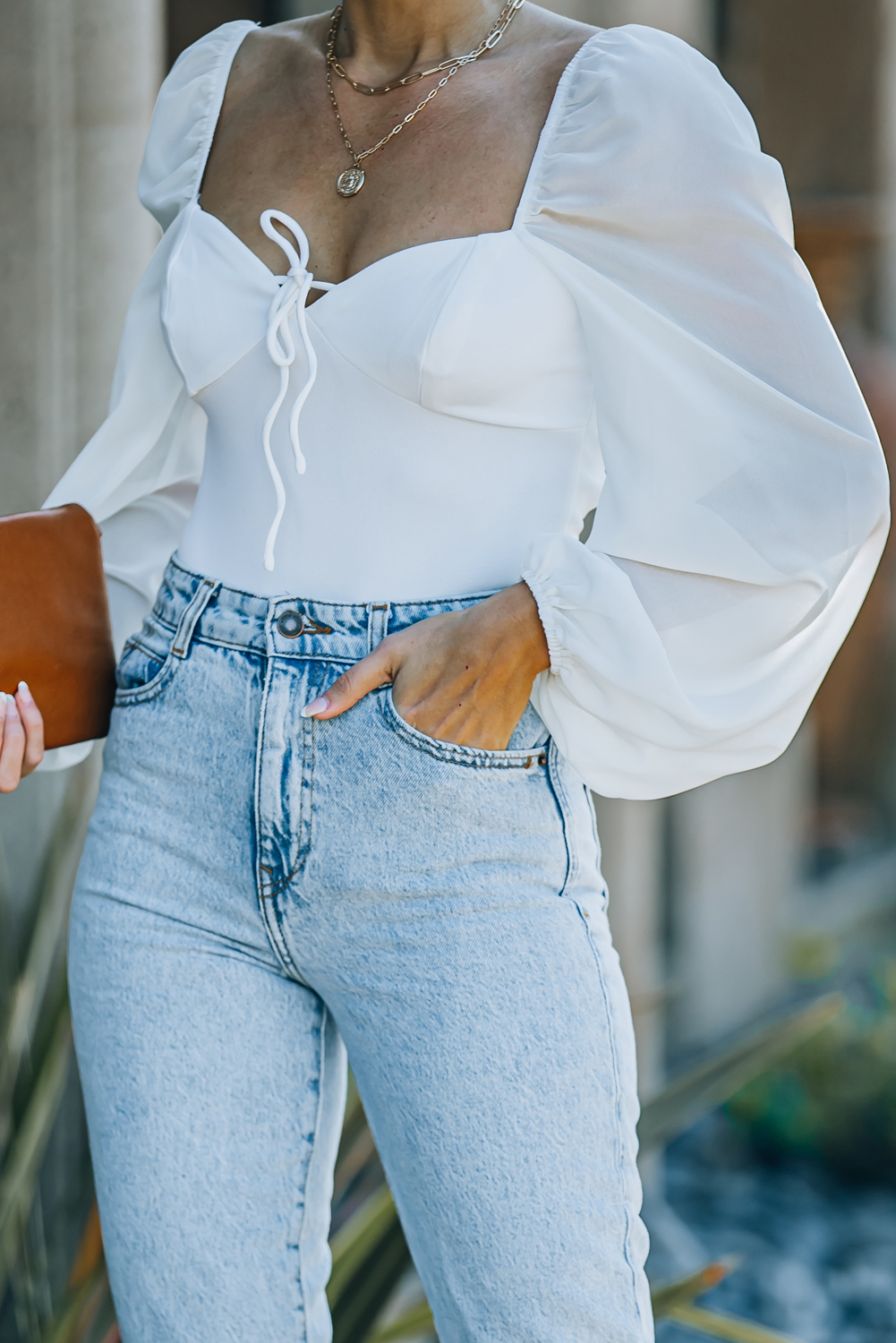 White Criss Cross Backless Puff Sleeve Bodysuit Kiwidrop