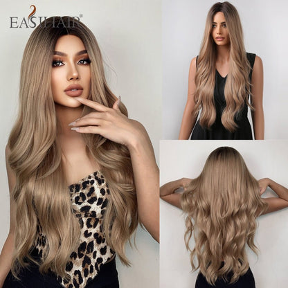 EASIHAIR Long Wavy Dark Brown Black Synthetic Wigs Natural Middle Part Hair Wigs for Women Daily Cosplay Party Heat Resistant - DunbiBeauty, LLC