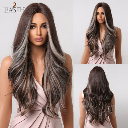 EASIHAIR Long Wavy Dark Brown Black Synthetic Wigs Natural Middle Part Hair Wigs for Women Daily Cosplay Party Heat Resistant - DunbiBeauty, LLC