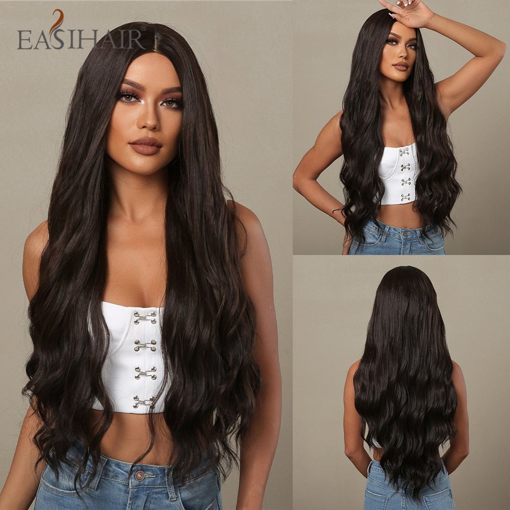 EASIHAIR Long Wavy Dark Brown Black Synthetic Wigs Natural Middle Part Hair Wigs for Women Daily Cosplay Party Heat Resistant - DunbiBeauty, LLC