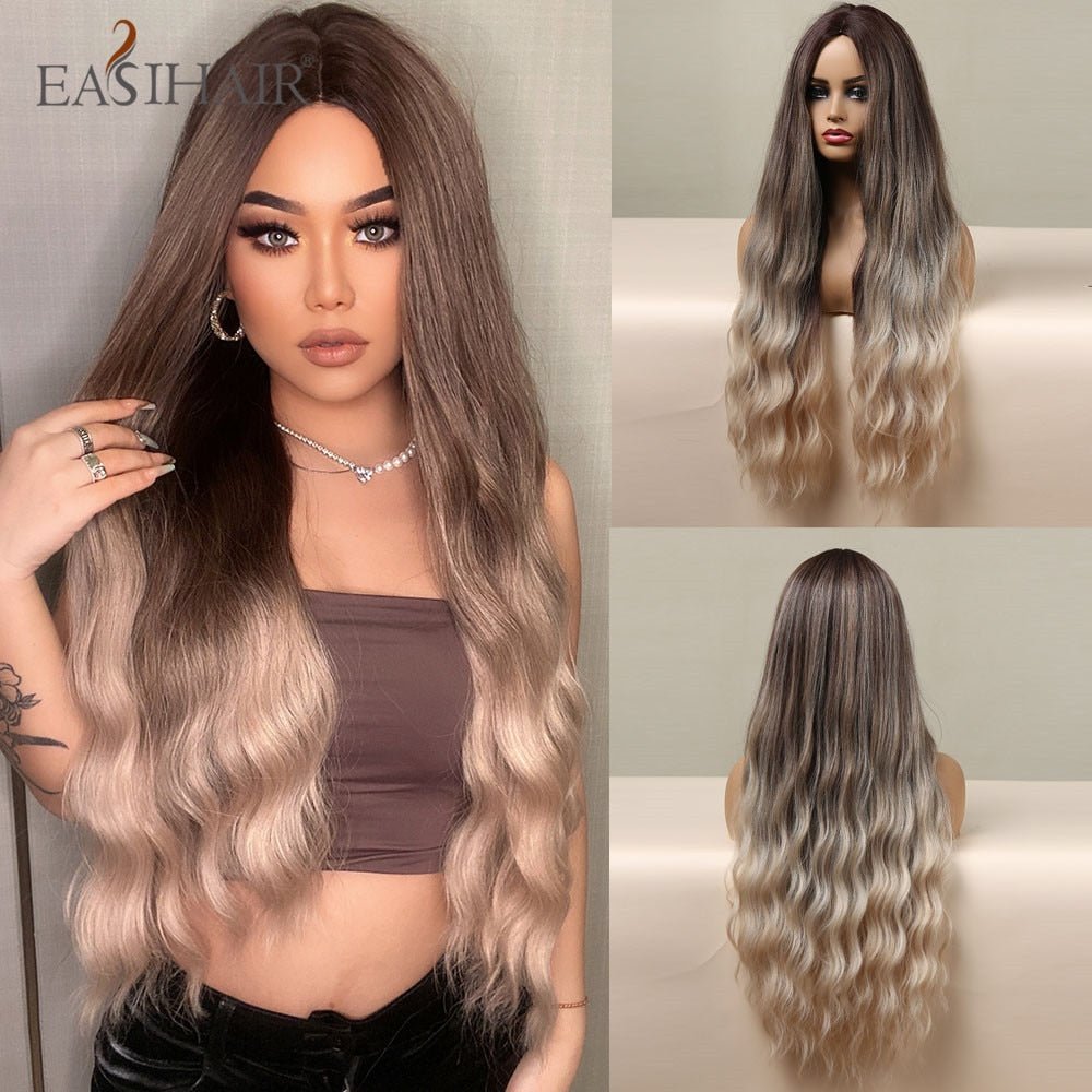 EASIHAIR Long Wavy Dark Brown Black Synthetic Wigs Natural Middle Part Hair Wigs for Women Daily Cosplay Party Heat Resistant - DunbiBeauty, LLC