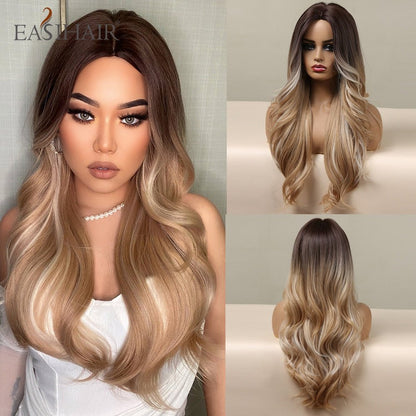 EASIHAIR Long Wavy Dark Brown Black Synthetic Wigs Natural Middle Part Hair Wigs for Women Daily Cosplay Party Heat Resistant - DunbiBeauty, LLC