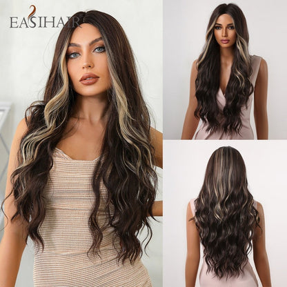 EASIHAIR Long Wavy Dark Brown Black Synthetic Wigs Natural Middle Part Hair Wigs for Women Daily Cosplay Party Heat Resistant - DunbiBeauty, LLC