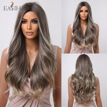 EASIHAIR Long Wavy Dark Brown Black Synthetic Wigs Natural Middle Part Hair Wigs for Women Daily Cosplay Party Heat Resistant - DunbiBeauty, LLC