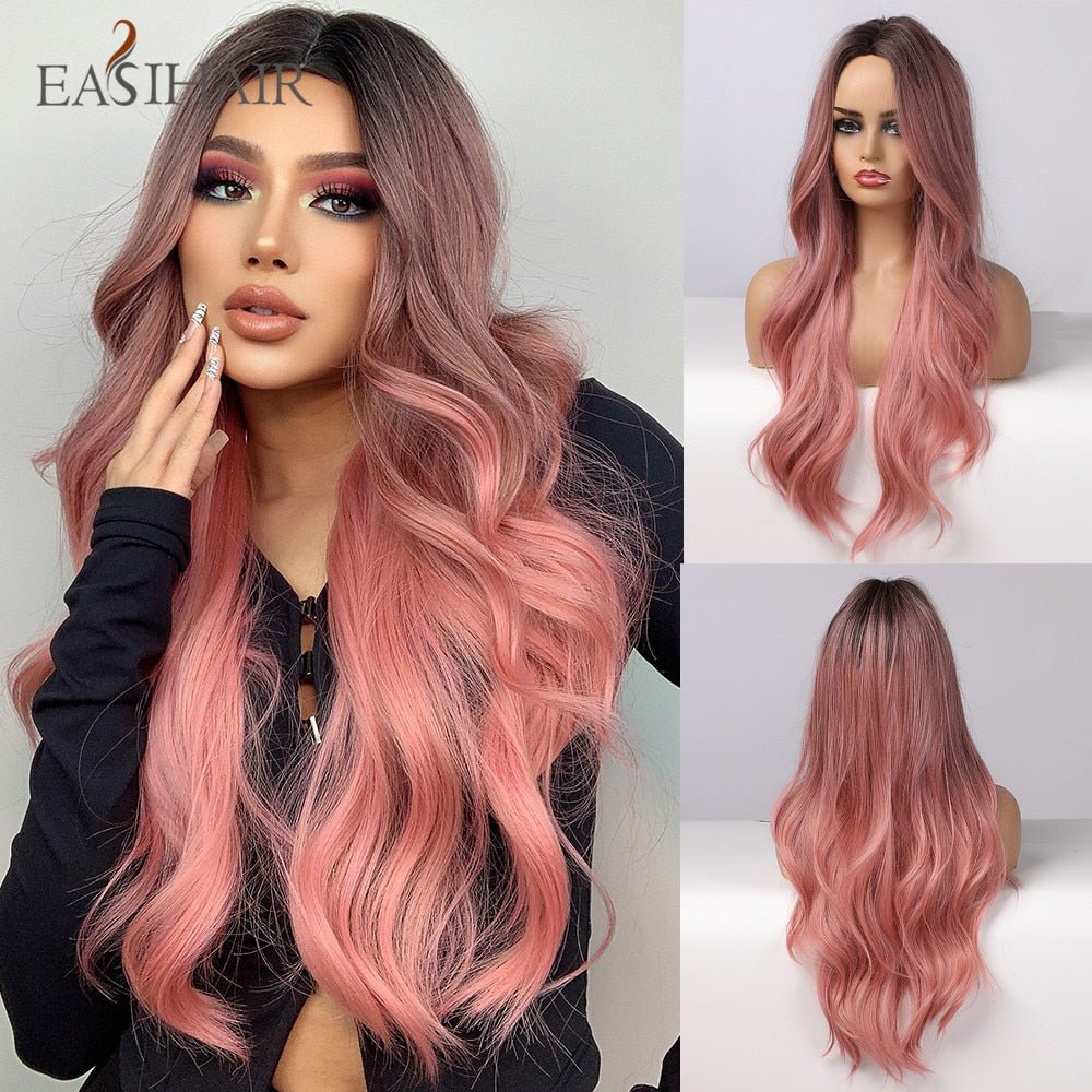 EASIHAIR Long Wavy Dark Brown Black Synthetic Wigs Natural Middle Part Hair Wigs for Women Daily Cosplay Party Heat Resistant - DunbiBeauty, LLC