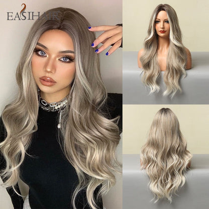 EASIHAIR Long Wavy Dark Brown Black Synthetic Wigs Natural Middle Part Hair Wigs for Women Daily Cosplay Party Heat Resistant - DunbiBeauty, LLC