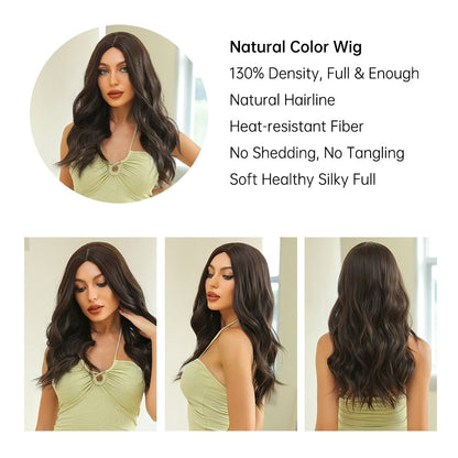 EASIHAIR Long Wavy Dark Brown Black Synthetic Wigs Natural Middle Part Hair Wigs for Women Daily Cosplay Party Heat Resistant - DunbiBeauty, LLC