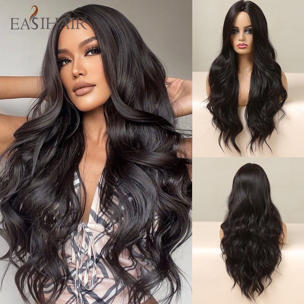 EASIHAIR Long Wavy Dark Brown Black Synthetic Wigs Natural Middle Part Hair Wigs for Women Daily Cosplay Party Heat Resistant - DunbiBeauty, LLC