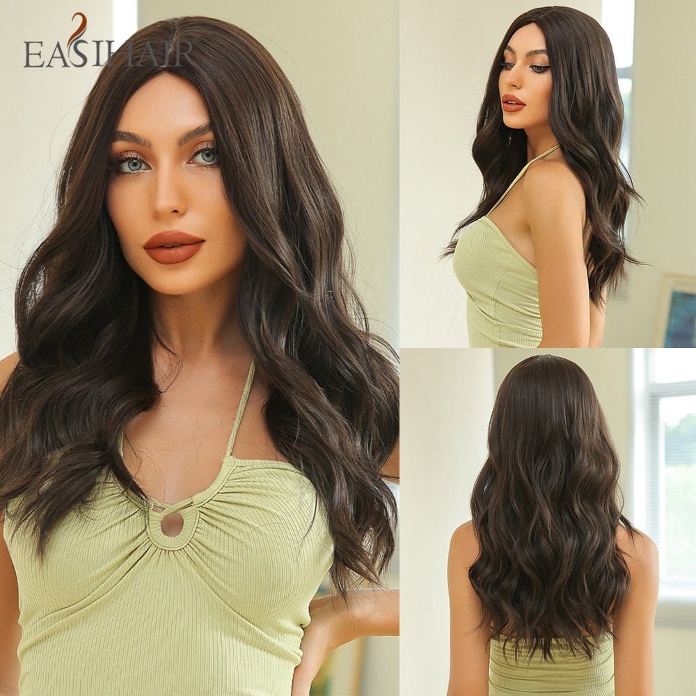 EASIHAIR Long Wavy Dark Brown Black Synthetic Wigs Natural Middle Part Hair Wigs for Women Daily Cosplay Party Heat Resistant - DunbiBeauty, LLC