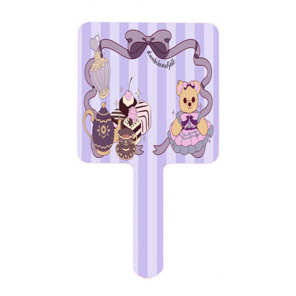 Handle Square Mirror｜Rubber - Cute Teddy Bear, Tea Party, Ribbon, Bows, Cakes, Cute, Victorian, Doll, Cute Girl, Purple Style 1, Stripes (Designed by Dunbi)