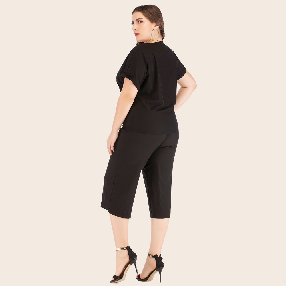 Plus Size Round Neck T-Shirt & Drawstring Wide-Leg Capris Set Kiwidrop