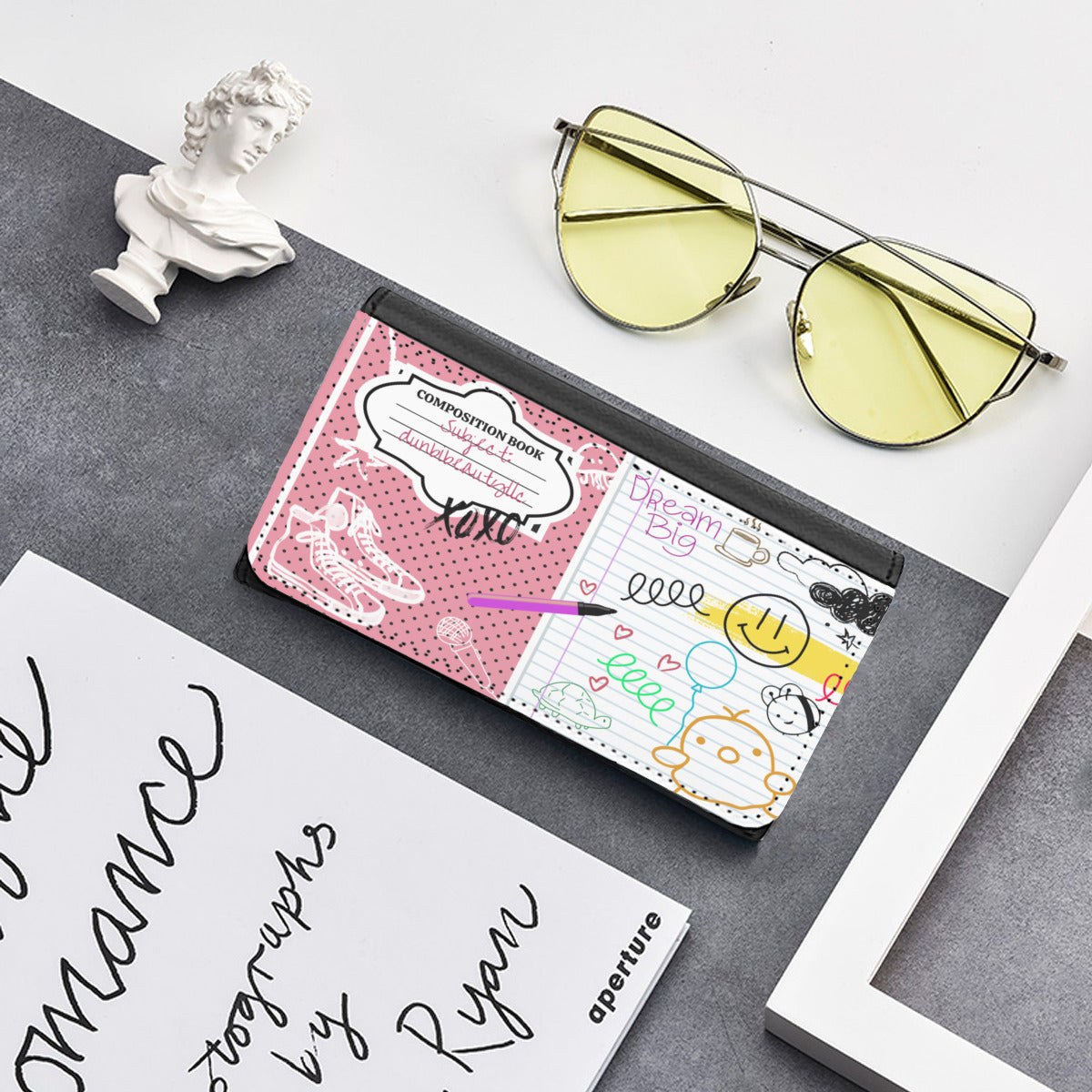 Eyeglass Case｜PU - Back to School, Composition Notebook Style, Doodles, Scribbles, Writing, Girl, Pink (Designed by Dunbi)