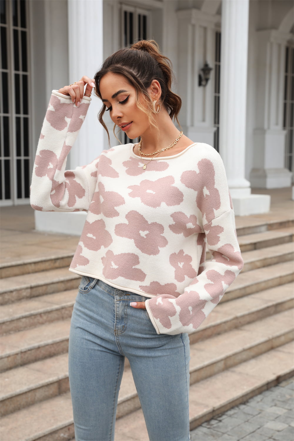 Round Neck Flower Pattern Dropped Shoulder Pullover Sweater