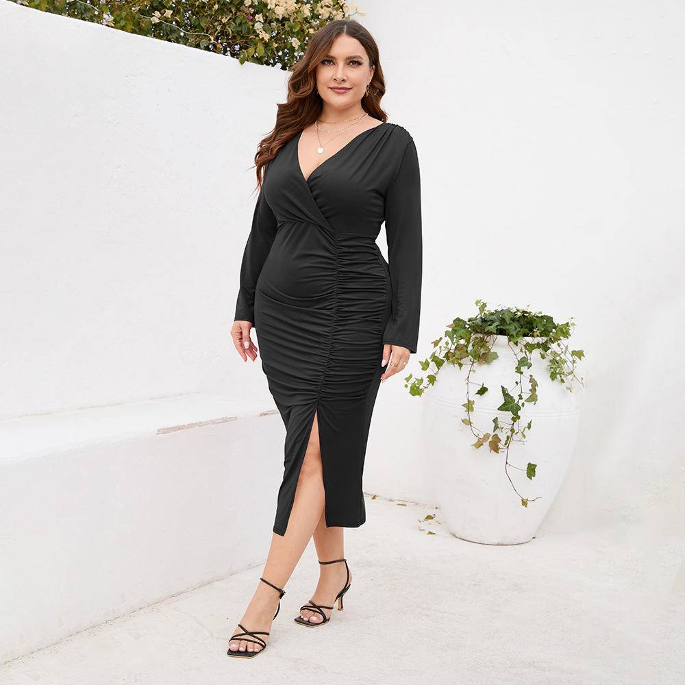 Plus Size V-neck Gathering Slit Dress