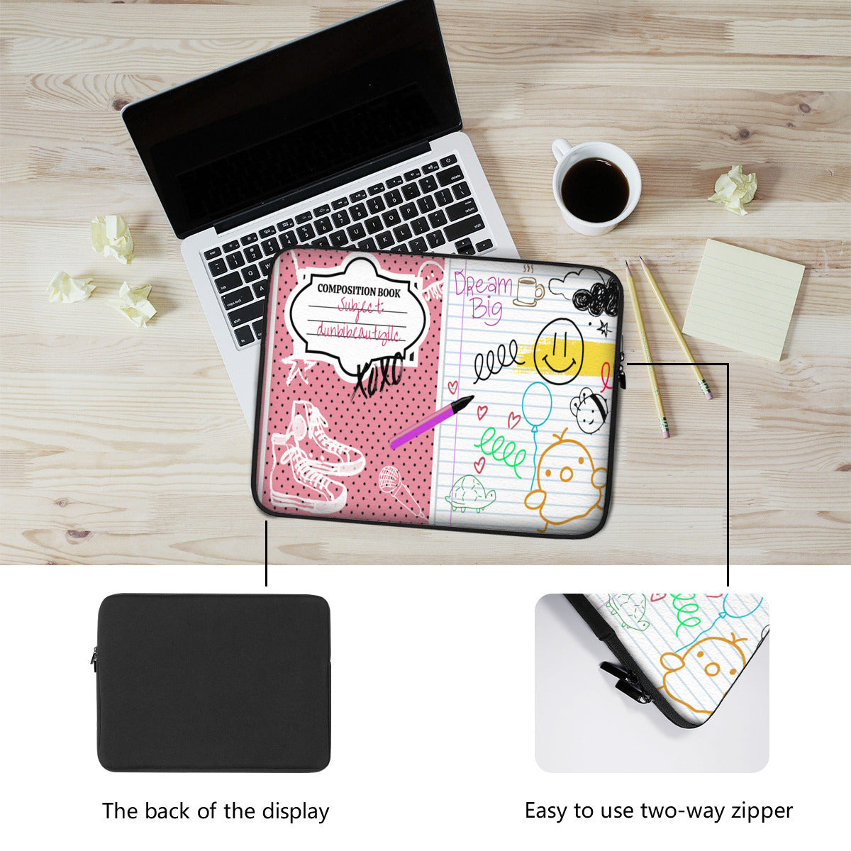 Laptop Padded Lined Bag｜Polyester - Back to School, Composition Notebook Style, Doodles, Scribbles, Writing, Girl, Pink (Designed by Dunbi)