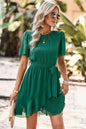 Round Neck Flutter Sleeve Belted Dress