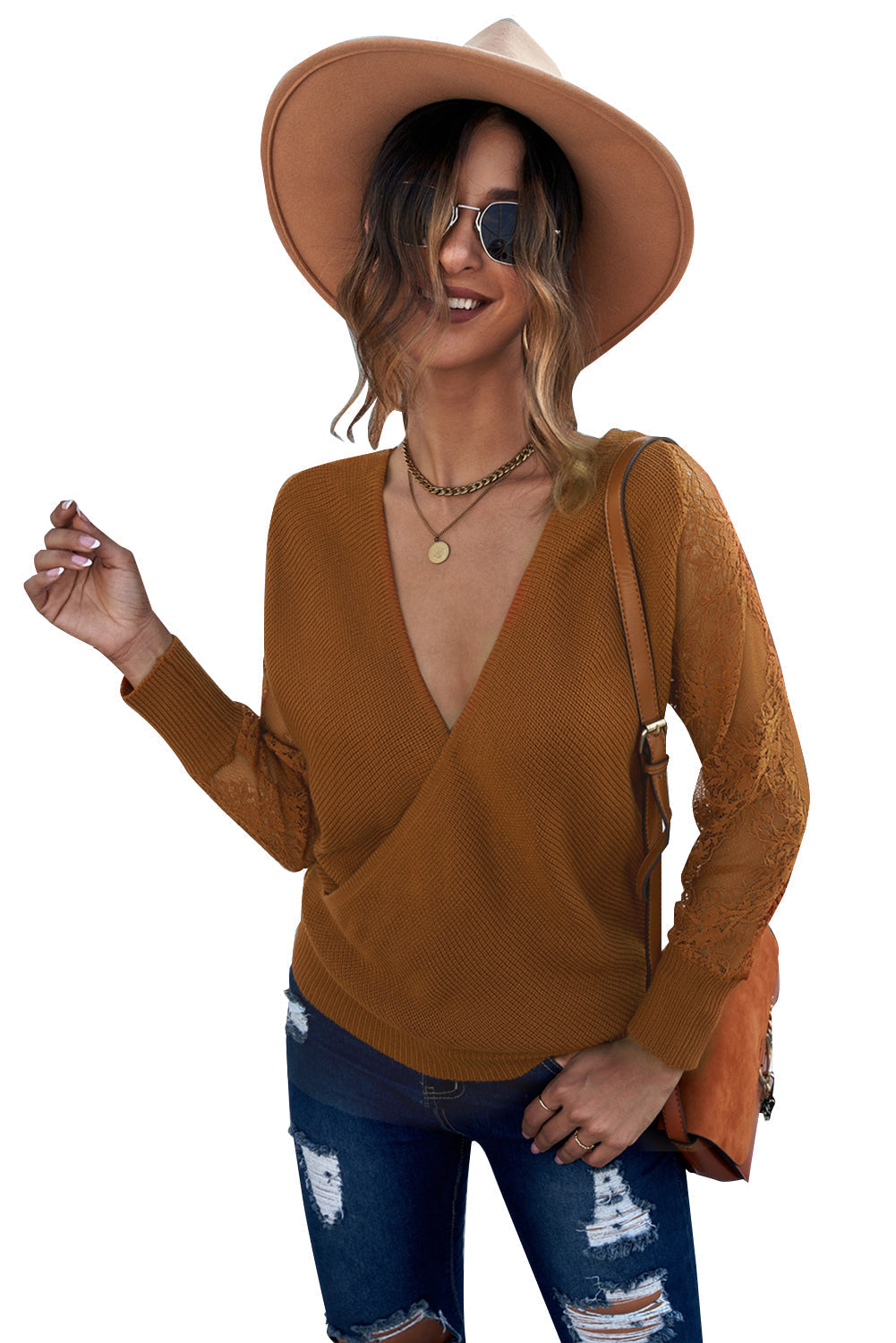 Sexy V Neck Surplice Hollow-Out Sweater With Lace Sleeves Kiwidrop