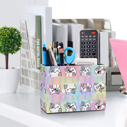 Retro Two-Compartment Pencil Holder｜PU -Kawaii Cat, Anime Style, Cartoon, Emotions, Happy, Sad, Angry, Laughing, Pastel Rainbow Background (Designed by Dunbi)