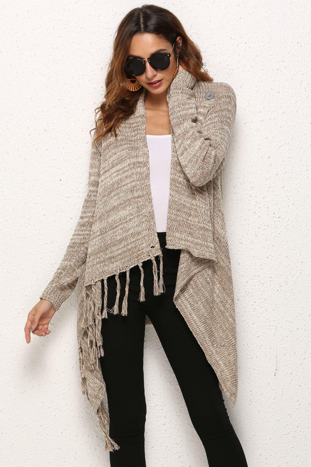 One-Button Tassel Tie Asymmetrical Hem Cardigan Trendsi