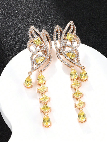 A pair of light luxury fashion design sense of temperament high-grade micro-inset zircon plated 18K gold women butterfly earrings dating daily party dinner wear