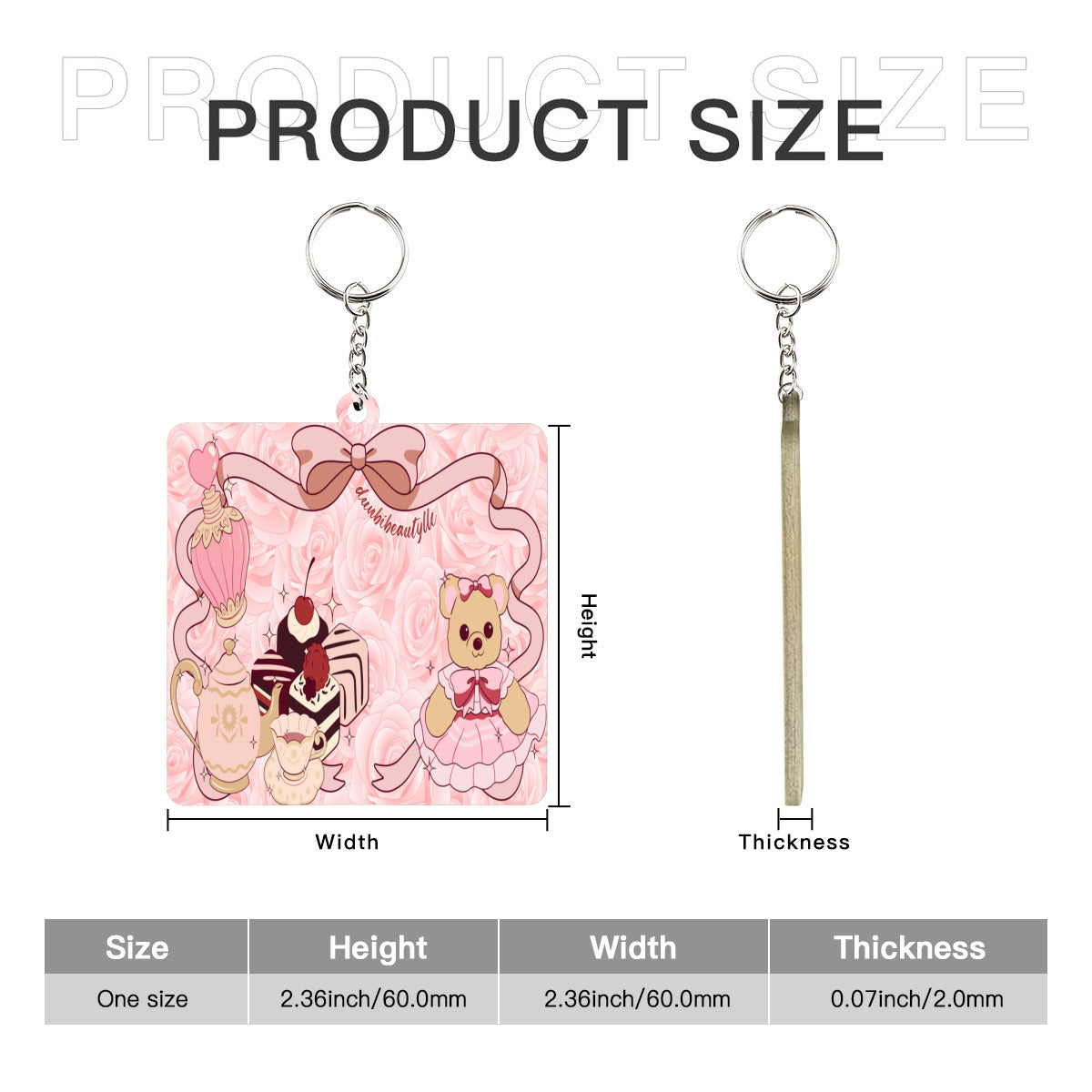 Wooden square keychain (double-sided design) |Cute Teddy Bear, Tea Party, Ribbon, Bows, Cakes, Cute, Victorian, Doll, Cute Girl, Pink Style 2, Roses (Designed by Dunbi)