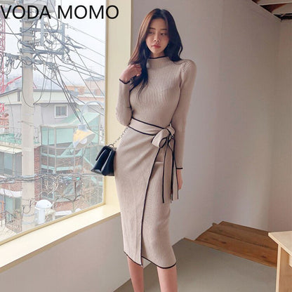 Elegant Knitted Dress Women Fall Winter New Warm Half Turtlenck Off shoulder Long Sleeve Sashes Bow Wrap Hip Sweatrer Robe Femm - DunbiBeauty, LLC