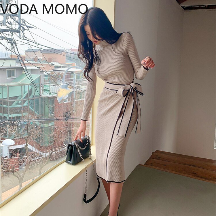 Elegant Knitted Dress Women Fall Winter New Warm Half Turtlenck Off shoulder Long Sleeve Sashes Bow Wrap Hip Sweatrer Robe Femm - DunbiBeauty, LLC