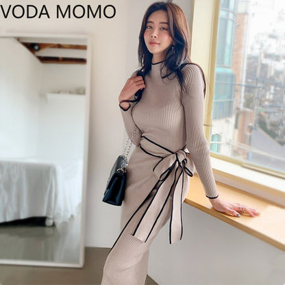 Elegant Knitted Dress Women Fall Winter New Warm Half Turtlenck Off shoulder Long Sleeve Sashes Bow Wrap Hip Sweatrer Robe Femm - DunbiBeauty, LLC