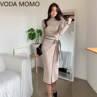 Elegant Knitted Dress Women Fall Winter New Warm Half Turtlenck Off shoulder Long Sleeve Sashes Bow Wrap Hip Sweatrer Robe Femm - DunbiBeauty, LLC