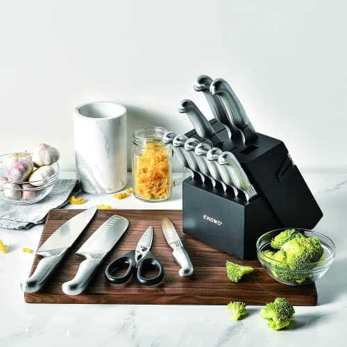 enowo14 PCS Chef Knife Set with Wooden Block Built-in Knife Sharpeners,German Stainless Steel Kitchen Knife Set with Exclusive Bolster Design Polka Dot Pattern,Hollow Handle,Kitchen Scissors - DunbiBeauty, LLC