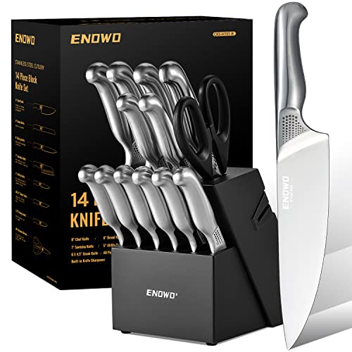 enowo14 PCS Chef Knife Set with Wooden Block Built-in Knife Sharpeners,German Stainless Steel Kitchen Knife Set with Exclusive Bolster Design Polka Dot Pattern,Hollow Handle,Kitchen Scissors - DunbiBeauty, LLC