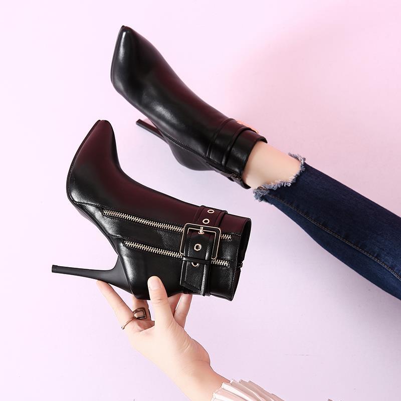 European and American Pointed Toe Stiletto High Heels Autumn and Winter Belt Buckle Side Zipper Martin Boots and Nude Boots - DunbiBeauty, LLC