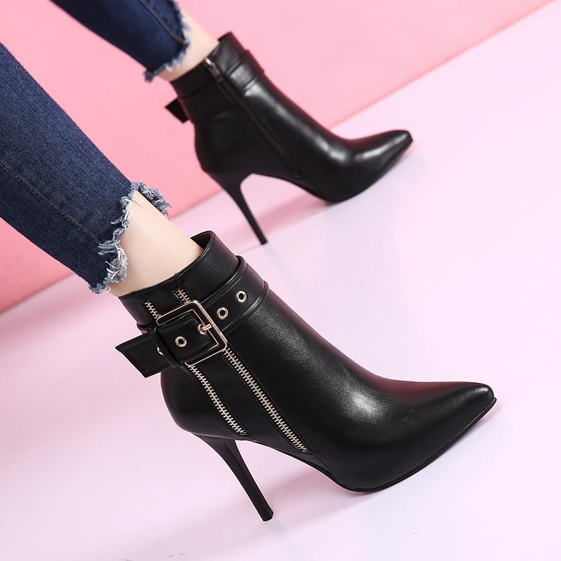 European and American Pointed Toe Stiletto High Heels Autumn and Winter Belt Buckle Side Zipper Martin Boots and Nude Boots - DunbiBeauty, LLC