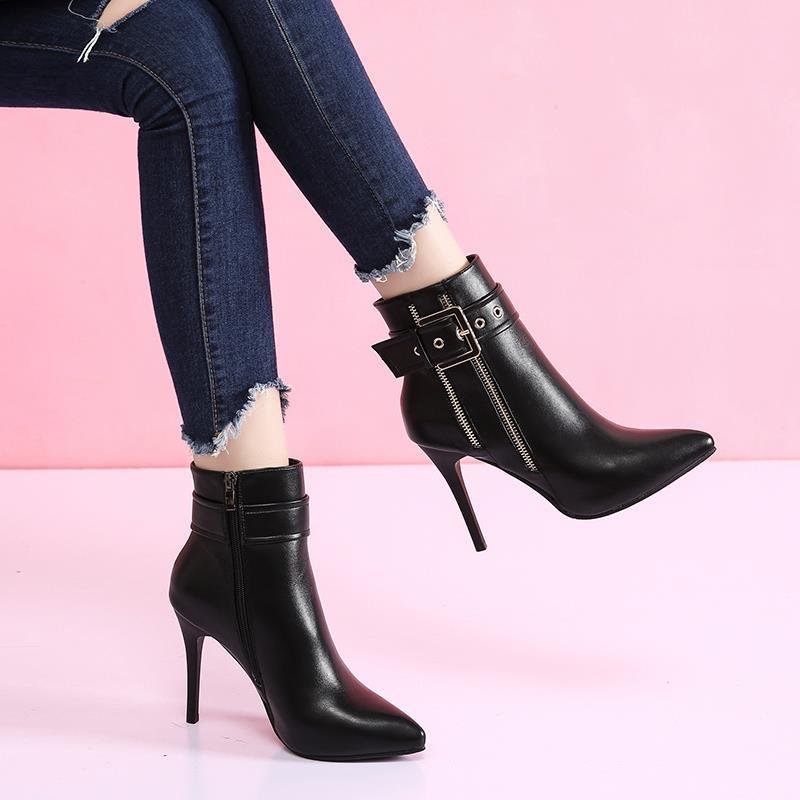 European and American Pointed Toe Stiletto High Heels Autumn and Winter Belt Buckle Side Zipper Martin Boots and Nude Boots - DunbiBeauty, LLC