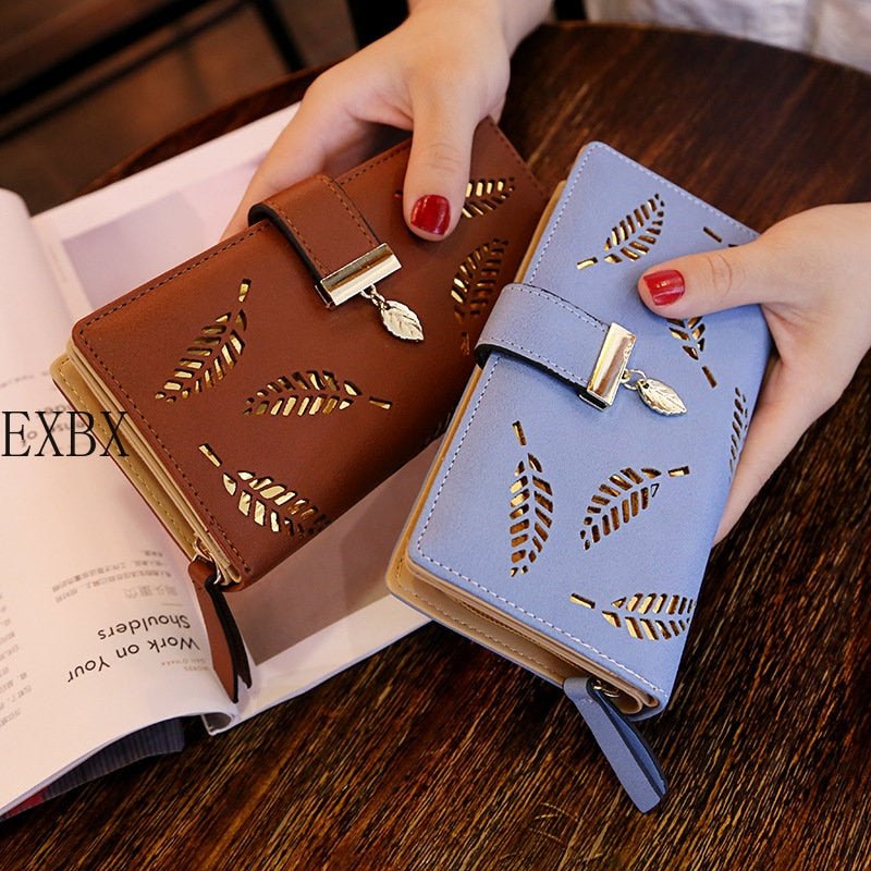 EXBX Women Wallet Hollow Golden Leaf Buckle Wallet PU Leather Purse Female Long Wallet for Women Coin Purse Card Holders Clutch - DunbiBeauty, LLC