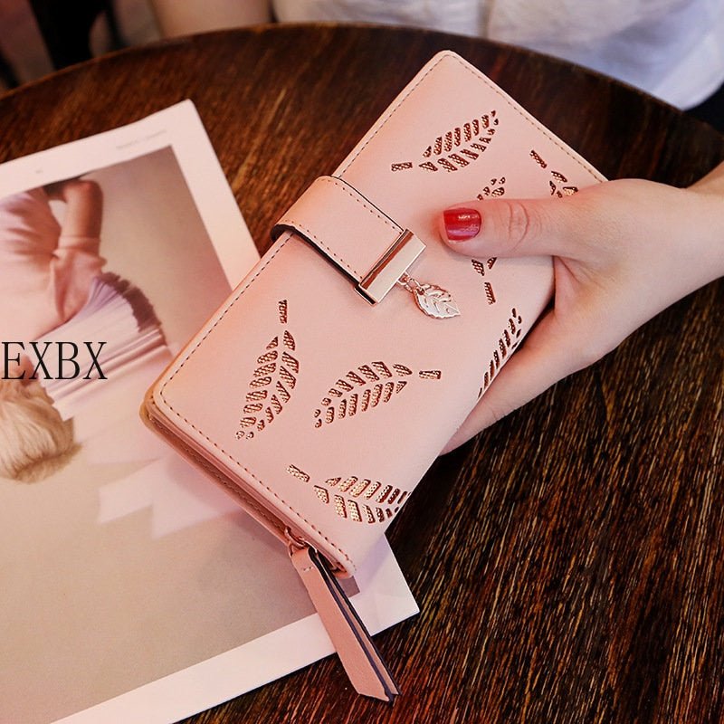 EXBX Women Wallet Hollow Golden Leaf Buckle Wallet PU Leather Purse Female Long Wallet for Women Coin Purse Card Holders Clutch - DunbiBeauty, LLC