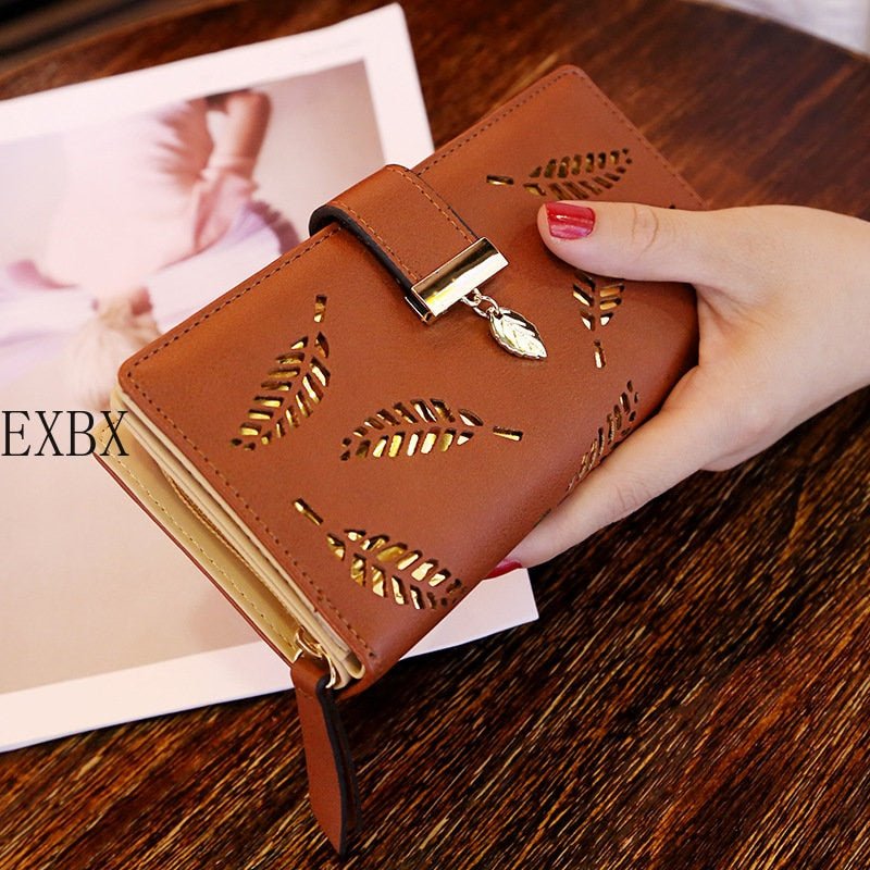 EXBX Women Wallet Hollow Golden Leaf Buckle Wallet PU Leather Purse Female Long Wallet for Women Coin Purse Card Holders Clutch - DunbiBeauty, LLC