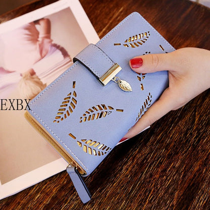 EXBX Women Wallet Hollow Golden Leaf Buckle Wallet PU Leather Purse Female Long Wallet for Women Coin Purse Card Holders Clutch - DunbiBeauty, LLC