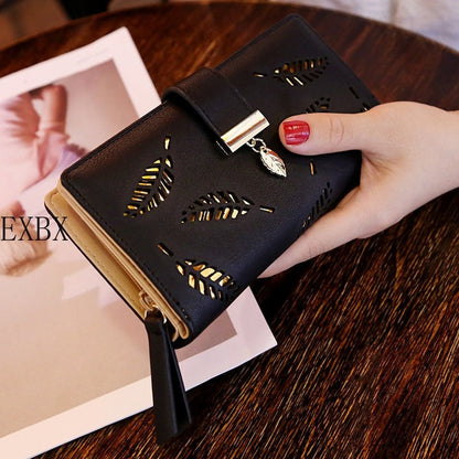 EXBX Women Wallet Hollow Golden Leaf Buckle Wallet PU Leather Purse Female Long Wallet for Women Coin Purse Card Holders Clutch - DunbiBeauty, LLC