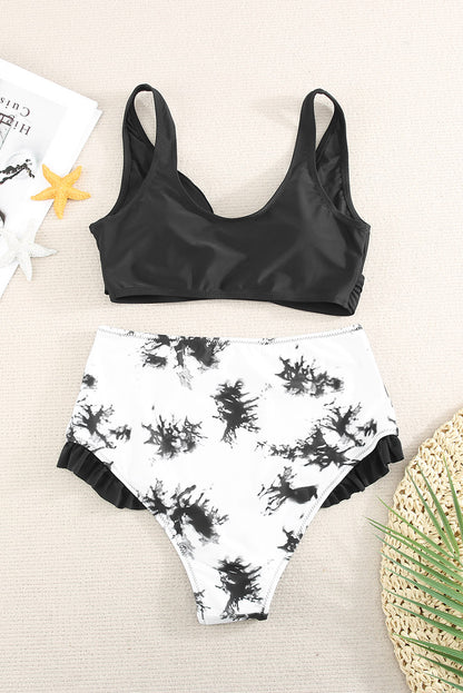 Two-Tone Crisscross Frill Trim Two-Piece Swimsuit Trendsi