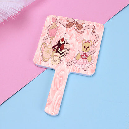 Handle Square Mirror｜Rubber Cute Teddy Bear, Tea Party, Ribbon, Bows, Cakes, Cute, Victorian, Doll, Cute Girl, Pink Style 2, Roses (Designed by Dunbi)