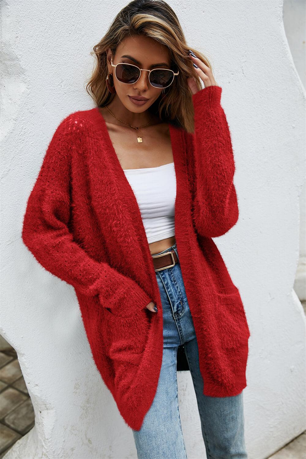 Open Front Openwork Fuzzy Cardigan with Pockets Trendsi