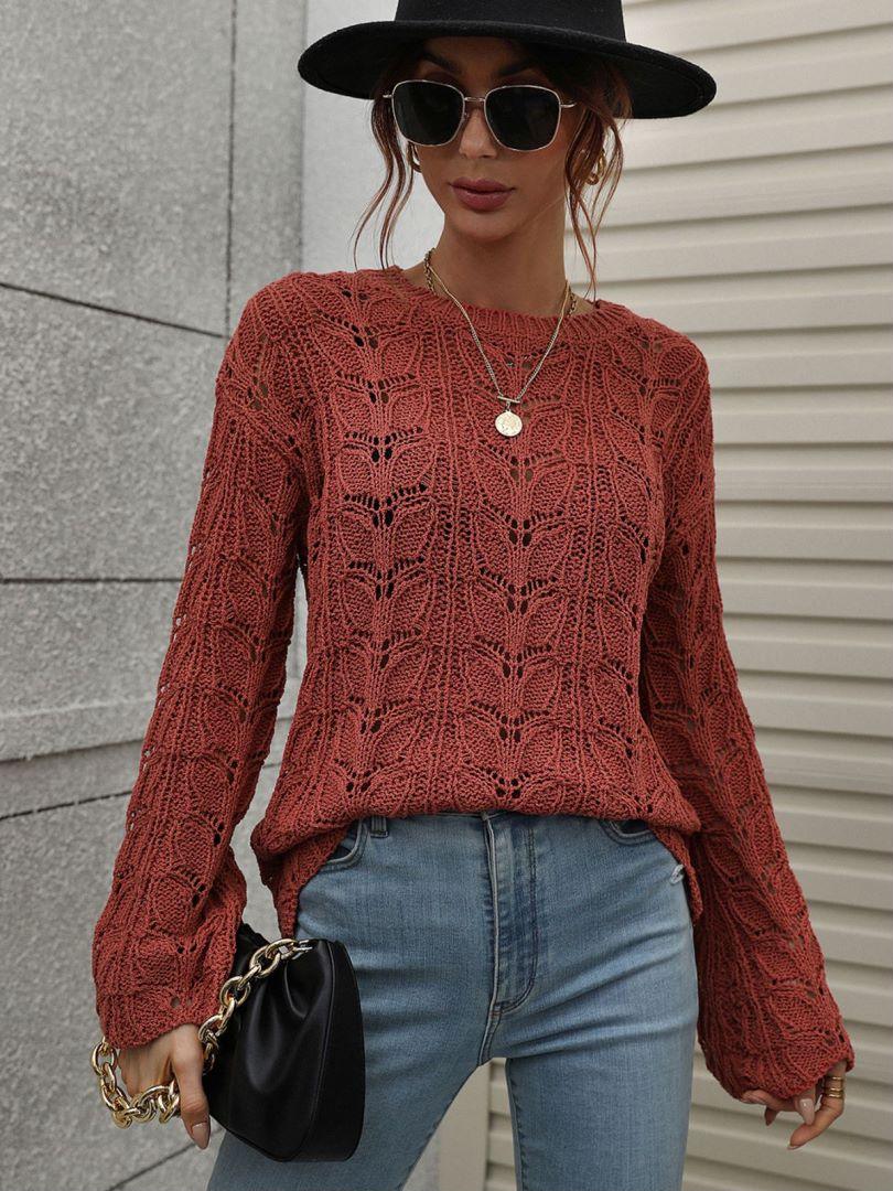 Openwork Dropped Shoulder Knit Top Trendsi