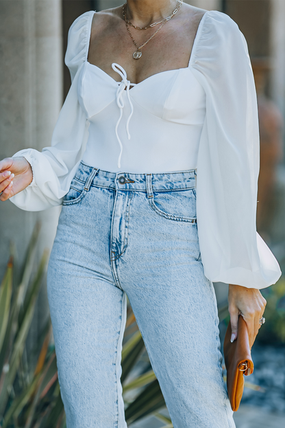 White Criss Cross Backless Puff Sleeve Bodysuit Kiwidrop