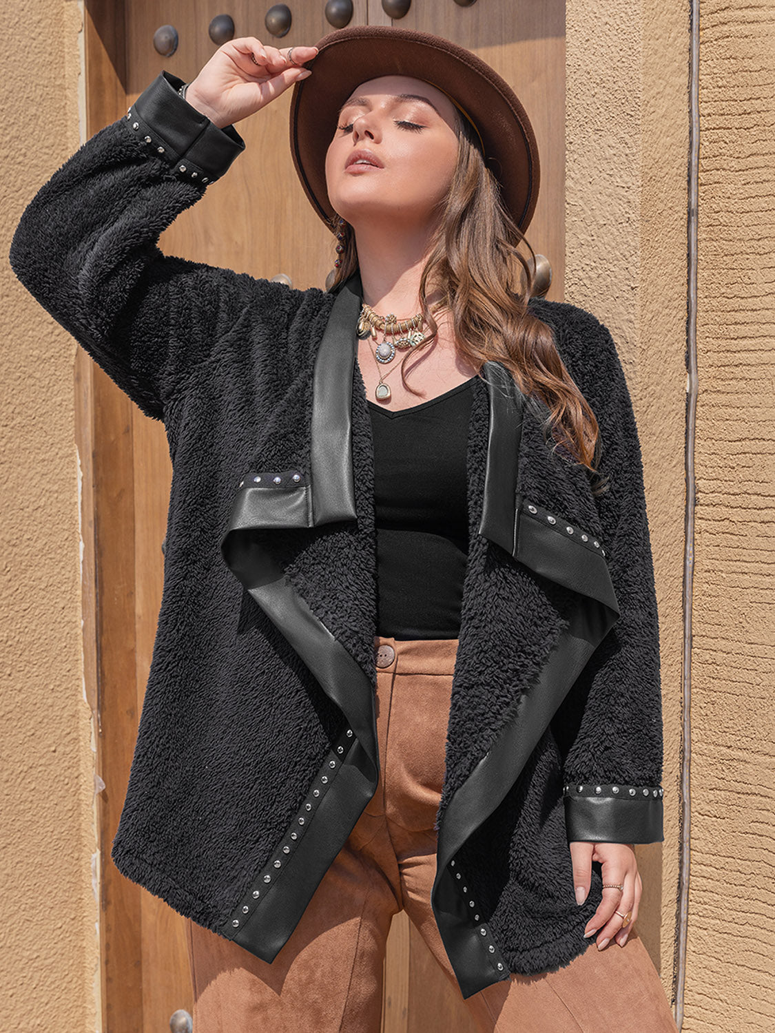 Plus Size Fuzzy Long Sleeve Studded Jacket