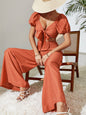 Tie Front Cropped Top and Smocked Wide Leg Pants Set